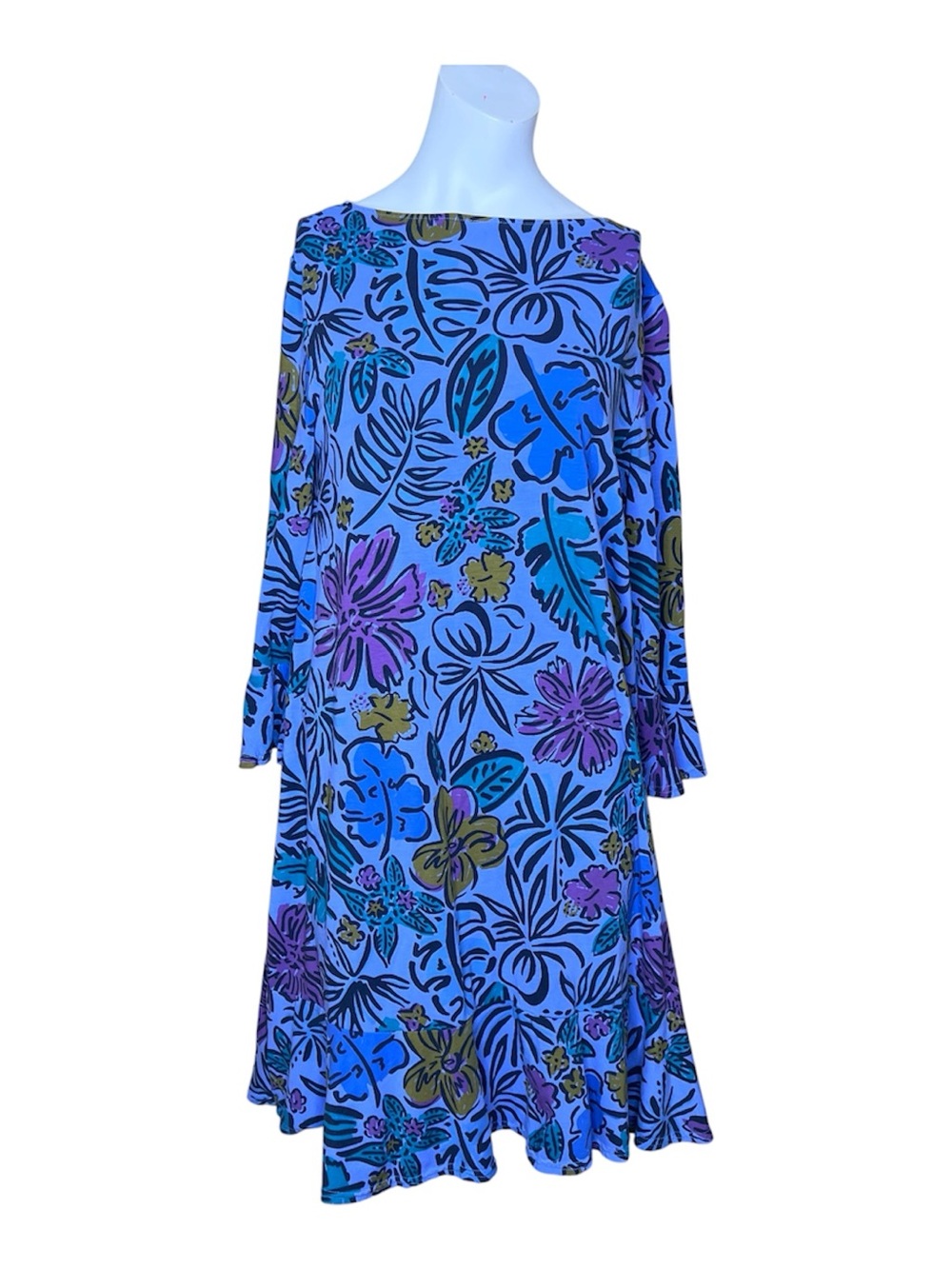 Fresh Produce Women's Purple Sketched Floral Bell-Sleeves Dress Sz SM